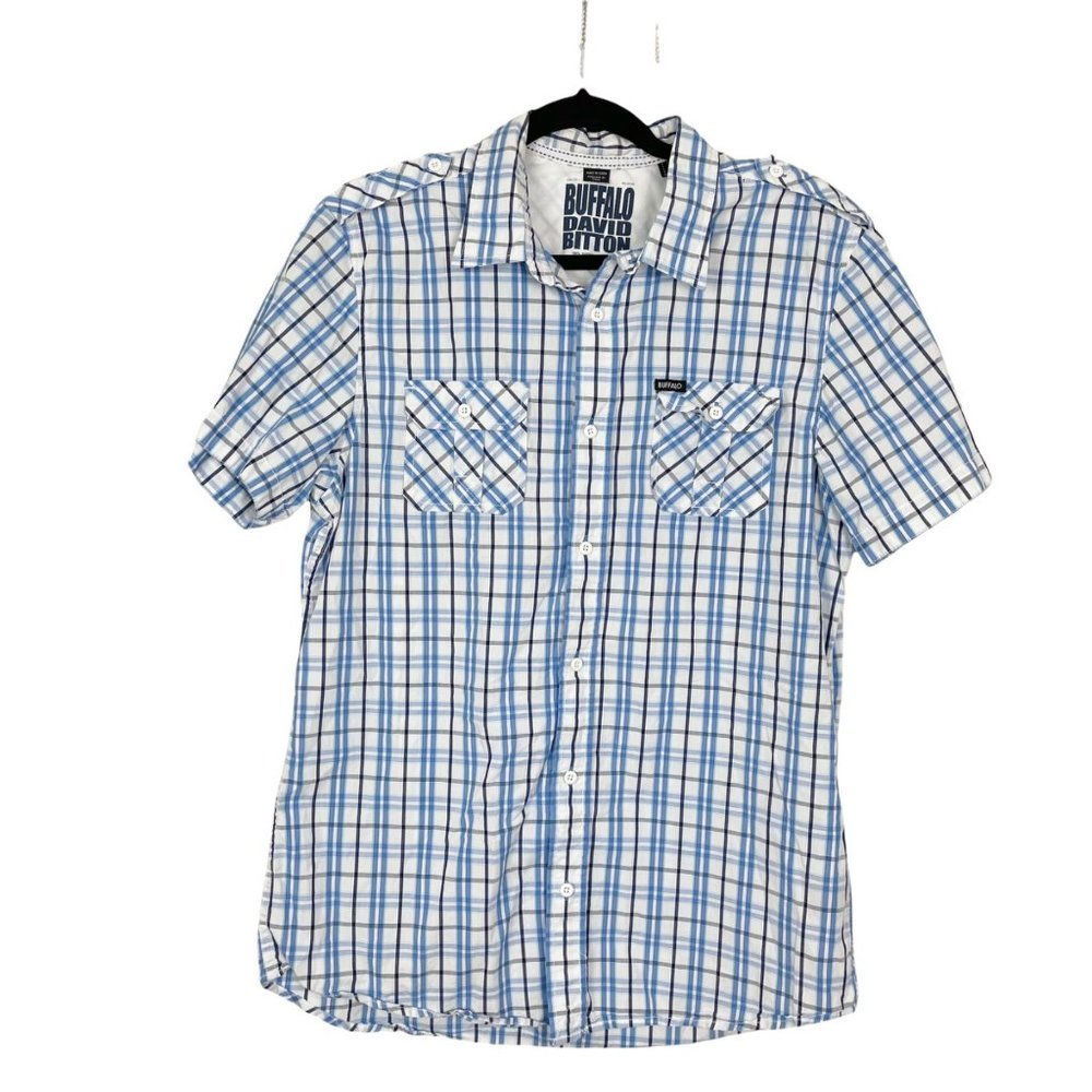 Buffalo David Bitton Men's Sz M Blue and White Plaid Short Sleeve Button Down